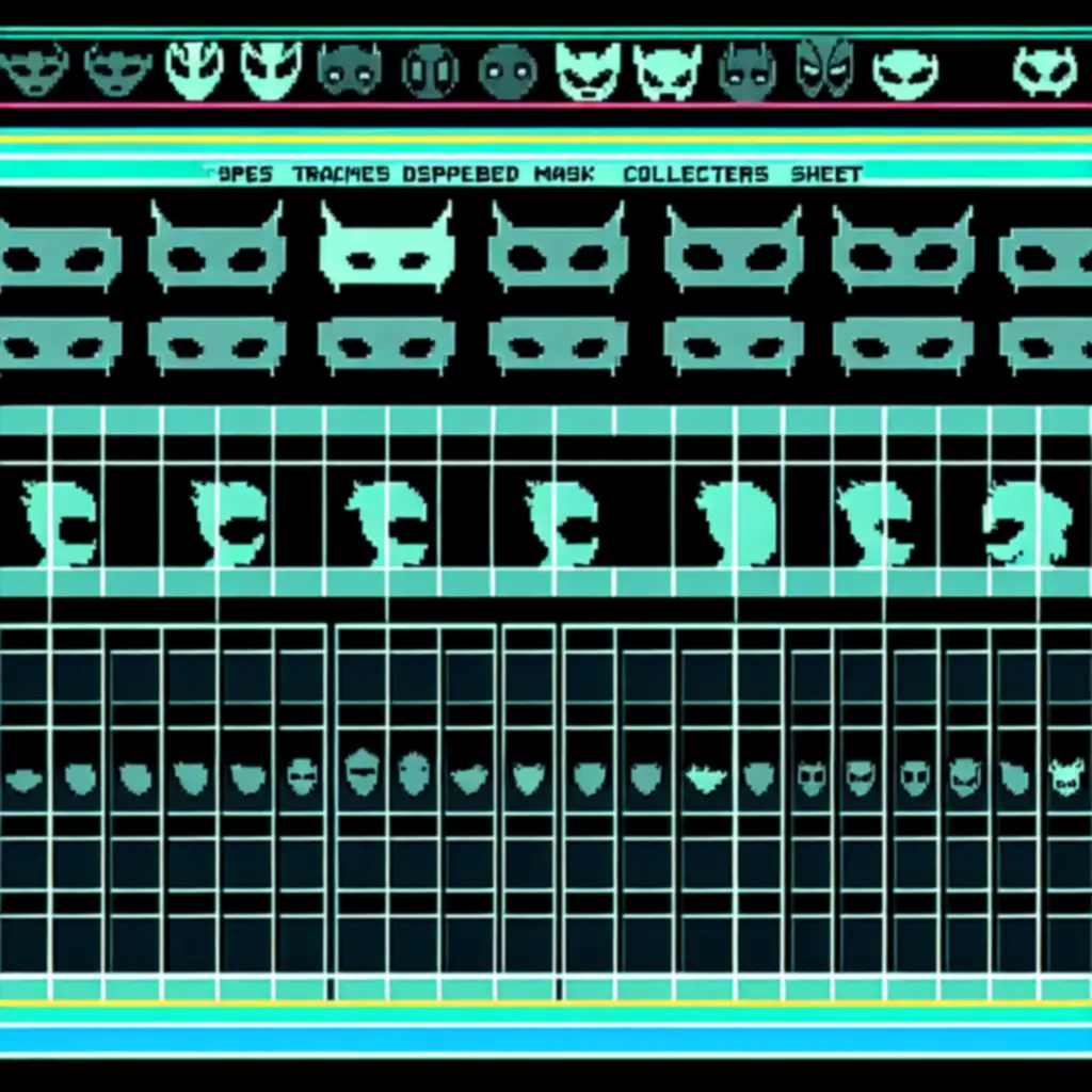 Nyomtatható maszk gyűjtőlap neo-retro rácsos elrendezéssel, a Tomb of the Mask: Old Maze maszkjainak rendszerezéséhez.