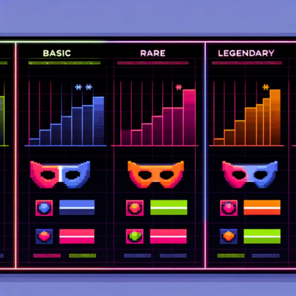 Pixel-art stílusú infografika, amely a Tomb of the Mask: Old Maze különböző maszkjainak sebesség, védelem, pontszerzés és kontroll értékeit hasonlítja össze.