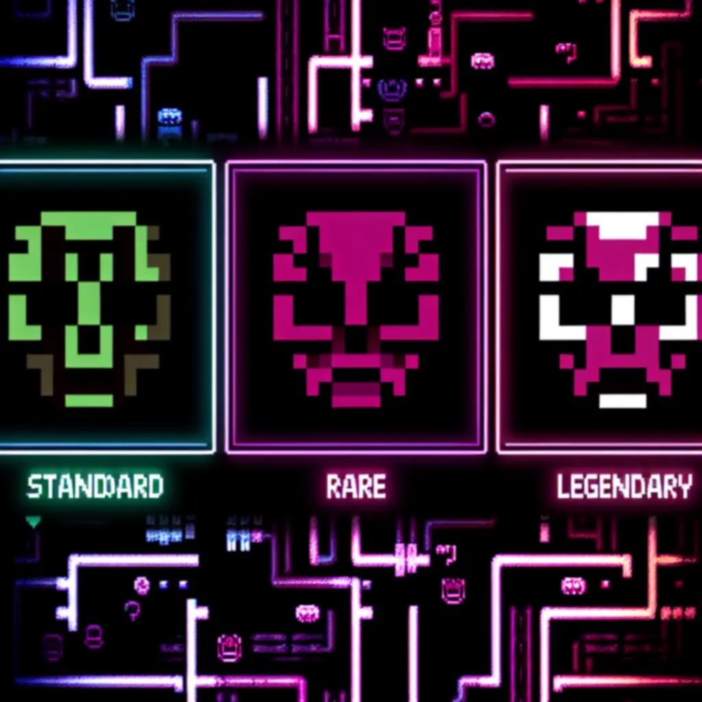 Neo-retro stílusú vizuális ábra a Tomb of the Mask: Old Maze alap, ritka és legendás maszk kategóriáiról.