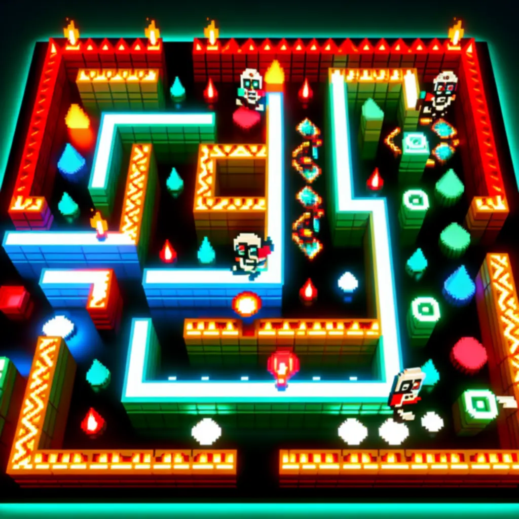 Neonfényes, pixel-art stílusú Tomb of the Mask: Old Maze hero infografika, amely a labirintus felépítését és a játékmenet fő rétegeit mutatja.