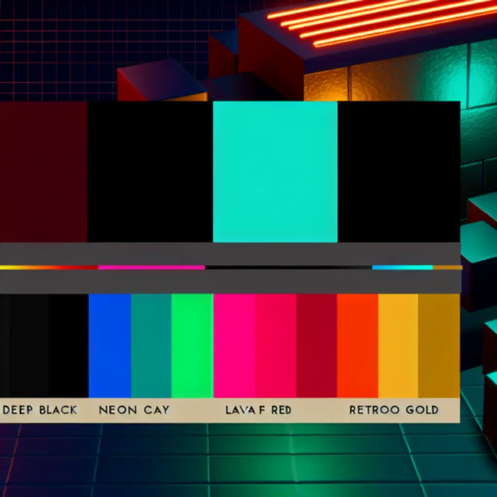 Színpaletta infografika deep black, neon cyan, lava red, pixel gold és retro teal sávokkal.